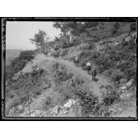 Chez les Serbes en Macédoine. Au Katoumatz cote 1230. Le général Franchet d'Espèrey, le voïvod et leur suite sur les sentiers du Katoumatz. [légende d'origine]