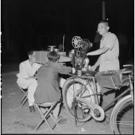 Dans une rue de Saigon, visionnage d'un film à partir d'un appareil de projection transformé en visionneuse et installé à l'arrière d'une bicyclette.