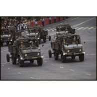 Défilé motorisé lors de la cérémonie du 14 juillet 1979 à la Bastille. Passage du 153e régiment d’infanterie (153e RI) sur camionnettes Mercedes Unimog 404 tractant des mortiers de 120 mm RT.