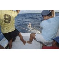 Partie de pêche à la traîne sur une petite vedette en bordure de l'atoll de Moruroa lors d'une visite de membres du gouvernement et d'élus du territoire polynésiens. De nombreux poissons sont attrapés, ici un thazard noir.