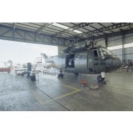 Montage d'un hélicoptère Puma SA-330 dans un hangar de l’escadron de transport d’outre-mer (ETOM) 82 de Moruroa.