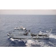 Vue aérienne du remorqueur-ravitailleur Revi (A635) transportant les zodiacs de l'association Greenpeace interceptés sur le pont.