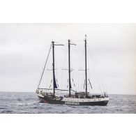 Le navire Rainbow Warrior 2 de l'association Greenpeace en mer en mission de prélèvement en dehors de la zone des 12 miles nautiques de Moruroa.