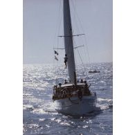 Sortie en mer pour une course de pirogues à l'île de Moorea. Retour à Papeete avec les bateaux accompagnateurs de la course.