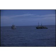 Voilier Breeze de la flottille de la Paix et bâtiment amiral MV Greenpeace de l'ONG Greenpeace en pleine mer dans le Pacifique.