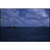 Le bâtiment amiral MV Greenpeace de l'ONG Greenpeace et aviso Enseigne de vaisseau Henry (F749) en pleine mer dans le Pacifique.