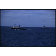 Le remorqueur ravitailleur Rari (A634) et le bâtiment amiral MV Greenpeace de l'ONG Greenpeace en pleine mer dans le Pacifique.