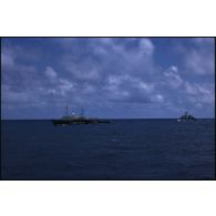 Le bâtiment amiral MV Greenpeace de l'ONG Greenpeace et aviso Enseigne de vaisseau Henry (F749) en pleine mer dans le Pacifique.