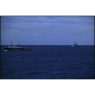 Le remorqueur ravitailleur Rari (A634) et le bâtiment amiral MV Greenpeace de l'ONG Greenpeace en pleine mer dans le Pacifique.