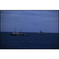 Le remorqueur ravitailleur Rari (A634) et le bâtiment amiral MV Greenpeace de l'ONG Greenpeace en pleine mer dans le Pacifique.