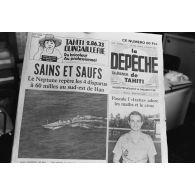 Au sujet de l'escadrille 12S à la Une de la Dépêche de Tahiti du 13 : "Sains et saufs, le Neptune repère les 4 disparus à 60 miles au sud-est de Hao".