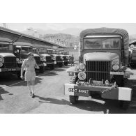 Flotte de camions GMC CCKW à l'escadron de transport du 57e bataillon de commandement et de soutien du Pacifique (57e BCSP) au camp d'Arue.
