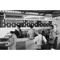 L'escale à la base aérienne (BA) 190 à Faa'a (Tahiti). Comptoir d'enregistrement.