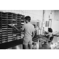 Le groupement de transmission terre (GTT) 815 à l'état-major du Taaone : commandement, exploitation, centre de relais bande. Un caporal féminin place une capsule dans le réseau de transport par tube pneumatique (air comprimé).