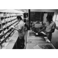 Bureau postal militaire (BPM) du Taaone, tri du courrier arrivé par le commandement du transport aérien militaire (COTAM).