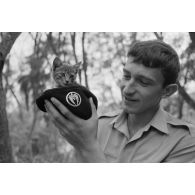 Un chaton, mascotte d'un militaire du train, peut-être au camp d'Arue.