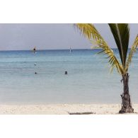 Baignade à Moruroa (Mururoa) de membres de la délégation de la commission de la Défense nationale. Véliplanchistes en arrière-plan.