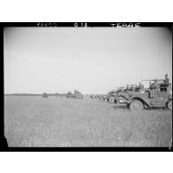 Des half-tracks de la 97/84e compagnie mixte de transmissions (97/84e CMT) de la 2e division blindée (2e DB) sont en place dans le dispositif lors d'une cérémonie sur un aérodrome à proximité d'Augsbourg.