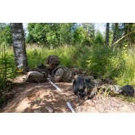 Un soldat britannique du 5th Rifles Battalion tient une position à couvert des arbres en forêt de Tapa, en Estonie.
