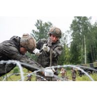 Des sapeurs de marine du 6e régiment du génie (RG) plantent des piquets pour la construction d'un réseau de fil barbelé à Tapa, en Estonie.