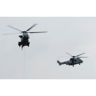 Deux hélicoptères Caracal de l'armée de l'Air lors d'une démonstration dynamique à Mourmelon.