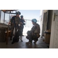 Un maître-chien sécurise un poste de garde sur le camp de Deir Kifa, au Sud-Liban.