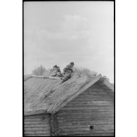 Des fantassins et des artilleurs du 519e bataillon lourd de chasseurs de chars (Schwere Panzerjäger Abteilung 519) observent le champ de bataille sur le toit d'une isba.