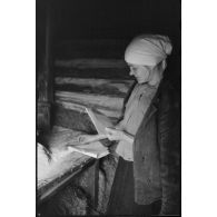 Portrait d'une femme dans une isba.