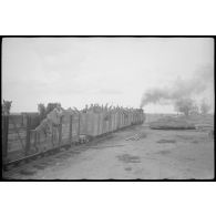 Cavaliers allemands et leur monture dans un train.