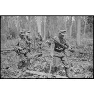 Patrouille de fantassins allemands dans la forêt.