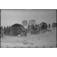 Sous une tempête de neige et du vent, la progression ou la retraite de véhicules chenillés de type Sd.Kfz. 251.