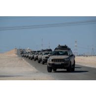 Des véhicules tactiques 4x4 (VT4) progressent en convoi vers le camp d'Al Hamra, aux Emirats arabes unis.