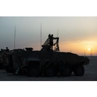 Des soldats du 5e régiment de cuirassiers (RC) conditionnent leur véhicule blindé de combat d'infanterie (VBCI) pour passer la nuit sur le camp d'Al Hamra, aux Emirats arabes unis.