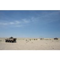 Un groupe de combat du 92e régiment d'infanterie (RI) se positionne sous l'appui de deux véhicules blindés de combat d'infanterie (VBCI) dans la région d'Al Hamra, aux Emirats arabes unis.