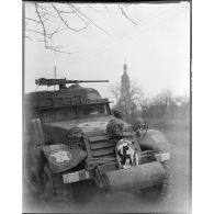 Village de Valff (Bas-Rhin) : un half-track de la 2e DB arbore plusieurs trophées de guerre.