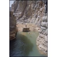Vue de gueltas (trous d'eau permanents) dans les falaises. [légende d'origine]<br>