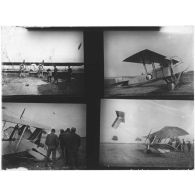 [Quatre vues différentes sur la même plaque : Caudron 2 moteurs ; avion S1 ; avion "Bayard", queue cassée, en plan rapproché ;  avion "Bayard", queue cassée, en plan général].