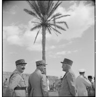 Le général de corps d'armée Henry Martin s'entretient avec des autorités militaires, sur une place, autour du palmier solitaire, le palmier d'Abd el-Kader, à Ghazaouet.