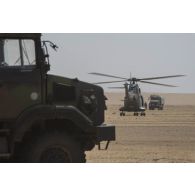 Atterrissage d'un hélicoptère Puma SA-330 au milieu de véhicules en stationnement lors d'une traversée du désert en convoi, dans le cadre de l'opération Charente.
