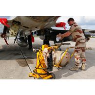 Au retour de mission, un sergent mécanicien de piste purge les systèmes d'un avion Mirage 2000-5. Des étuis de protection et des flammes ont été remis en place sur l'appareil.