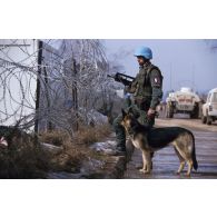 Un sergent du détachement GFCA (groupement des fusiliers commandos de l'air) patrouille avec son chien aux abords de l'aéroport de Sarajevo.