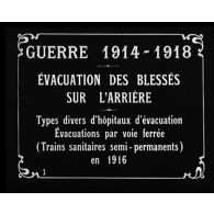Guerre 1914-1918. Evacuation des blessés sur l'arrière, types divers d'hôpitaux d'évacuation, évacuation par voie ferrée (trains sanitaires semi-permanents) en 1916.