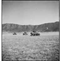 Progression d'obusiers de 75 mm M8 de la 3e DIA (division d'infanterie algérienne) lors d'une manoeuvre dans le cadre d'un entraînement du CEF (corps expéditionnaire français) avant son engagement sur le front italien.