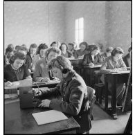 Un lieutenant du corps féminin des transmissions dispense un cours pratique d'enseignement du code Morse dans un centre de formation.