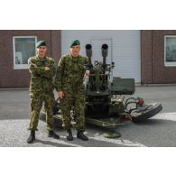 Des soldats estoniens posent devant un canon anti-aérien ZU-23 sur le camp de Tapa, en Estonie.