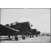 Alignement de Douglas SBD Dauntless destinés aux troupes françaises et entreposés sur un quai du port de Casablanca.