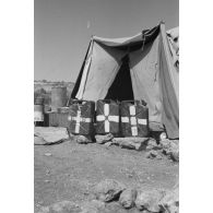 Devant une tente, des jerrycans de 20 litres réservés au transport et au conditionnement de l'eau potable.