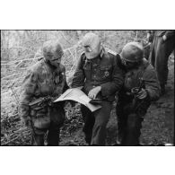 Carte à l'appui, deux parachutistes de la 4.Fallschirmjäger.Division s'entretiennent avec un sous-lieutenant d'infanterie.