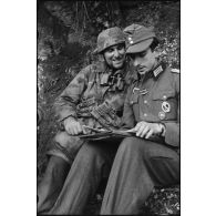 Au nord-ouest d'Anzio-Nettuno, un parachutiste de la 4.Fallschirmjäger.Division et un sous-lieutenant d'infanterie examinent une carte.