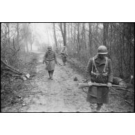 Entre Benfeld et Wintternheim (Bas-Rhin), des sapeurs de la 3e compagnie du 13e bataillon du génie déminent un sentier dans un bois à l'aide d'un détecteur de mines.